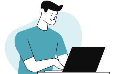 Animation of a man using Contractpedia kontraktstyring on a laptop.